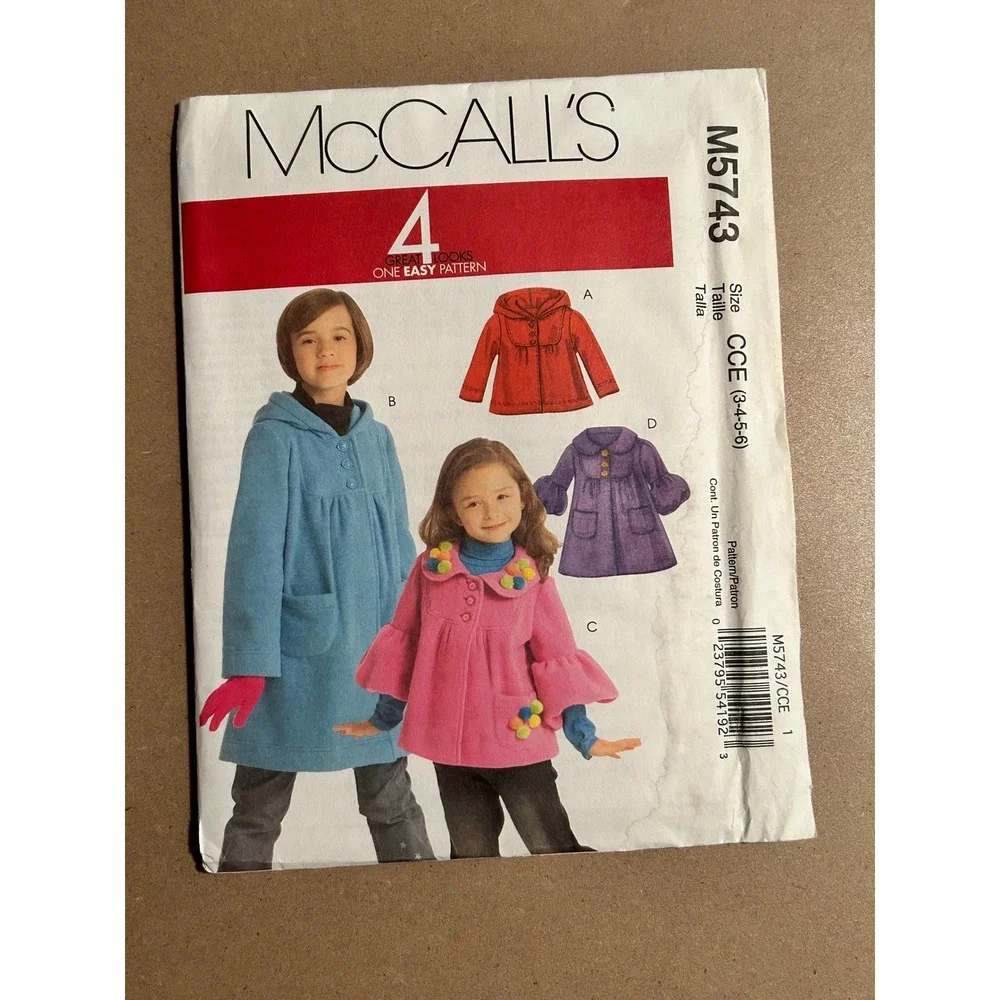 McCall's M5743 Childrens Girls Jacket Coat Sewing Pattern Size 3-6 Hooded Flared